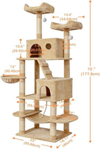 Pawly 70" Extra Tall Cat Tree with Dual Hammocks & Enlarged Condos, Premium CARB P2-Compliant Particle Board, 350G Plush Natural Sisal Cat Tower for Big Cats & Multi-Cat Families, Beige