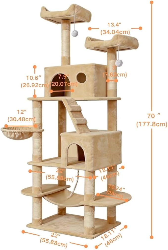 Pawly 70" Extra Tall Cat Tree with Dual Hammocks & Enlarged Condos, Premium CARB P2-Compliant Particle Board, 350G Plush Natural Sisal Cat Tower for Big Cats & Multi-Cat Families, Beige