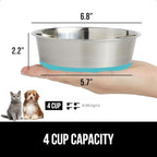 GORILLA GRIP Dog Bowl, Holds 4 Cups (32 fl oz), Food Grade 304 Stainless Steel Food and Water Bowl for Feeding Dogs and Cats, BPA Free Rubber Base, Easy Clean, Dishwasher Safe Rust Resistant Turquoise