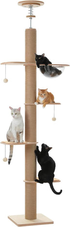 PETEPELA Floor to Ceiling Cat Tree, Adjustable Height(79-103'') Solid Wooden Tall Cat Tower for Indoor Cats with Sisal Scratching Post, Acrylic Bowl and Play Pompom