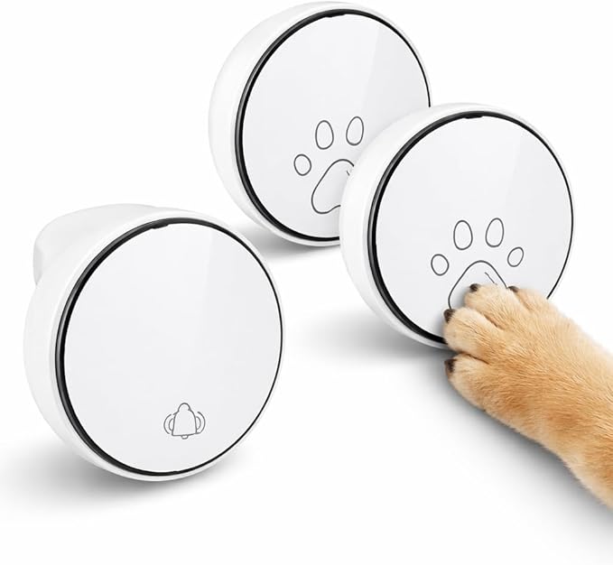 Comsmart Smart Wireless Dog Door Bell, Doggie Doorbell for Pet Potty Training Communication Go Outside Press Button with 38 Melodies 4 Volume Levels LED Flash (1 Receiver & 2 Transmitter), White