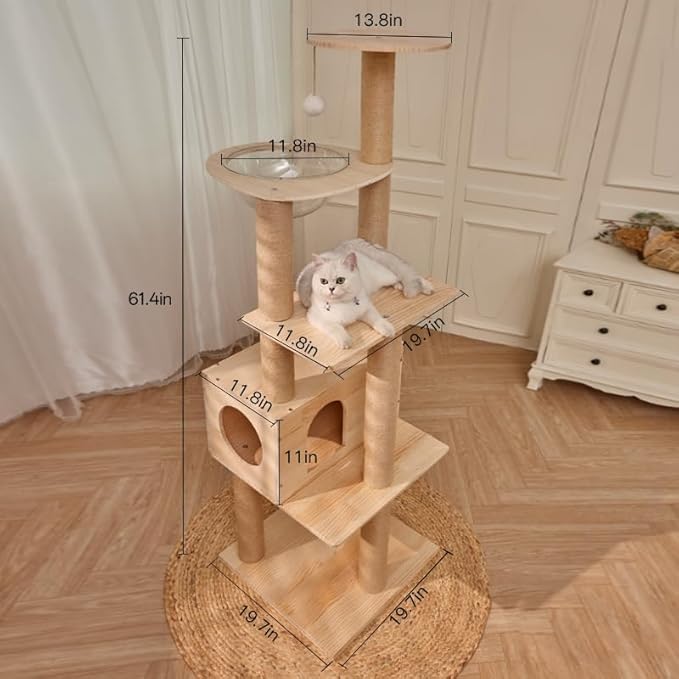 61'' Tall Real Solid Wood Cat Tower with Space Capsule Cat Bed, Top Bed with Toy Ball,Sisal Scratching Posts, Multi Cat Tree for Large Cats 20 lbs Heavy Duty