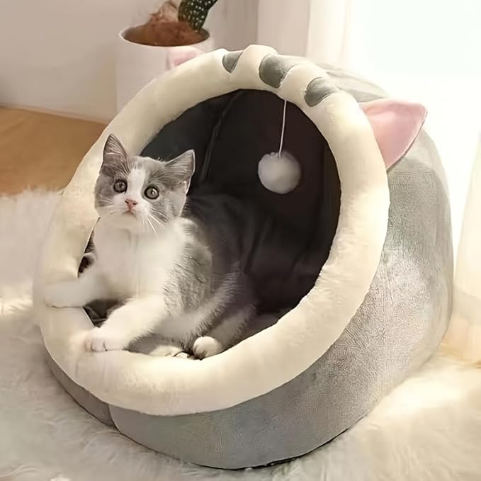 Cozy Cat Cave Pet Bed, Gray and White, 3, Indoor Cat House with Hanging Toy Ball, Soft Plush Cat Dome Bed for Small to Large Cats