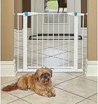 MidWest Homes for Pets 29 Inches Tall Walk-Though Steel Pet Gate, Pressure Mounted Dog Gate with Glow Strip Measures 29H x 29.5-38W Inches & Includes Two 3-Inch-Wide Extensions, White