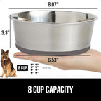 GORILLA GRIP Dog Bowl, Holds 8 Cups (64 fl oz), Food Grade 304 Stainless Steel Food and Water Bowl for Feeding Dogs and Cats, BPA Free Rubber Base, Easy Clean, Dishwasher Safe, Rust Resistant, Gray