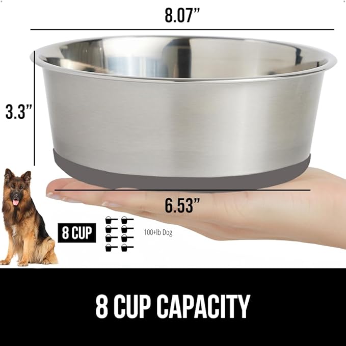 GORILLA GRIP Dog Bowl, Holds 8 Cups (64 fl oz), Food Grade 304 Stainless Steel Food and Water Bowl for Feeding Dogs and Cats, BPA Free Rubber Base, Easy Clean, Dishwasher Safe, Rust Resistant, Gray