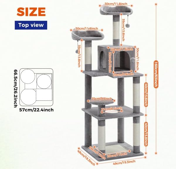 63'' Multi-Level Cat Tree Cat Tower for Indoor Cats with Sisal-Covered Scratching Post, Cozy Cat Condo, Cat Hammock and Wide Top Perch, Grey
