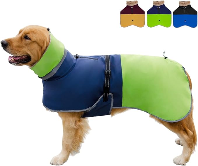 Waterproof Dog Winter Coat, Reflective Turtleneck Fleece Jacket with Snow Protection for Large Dogs, Cold Weather Pet Clothing (Green, 2XL)