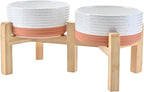 SPUNKYJUNKY Elevated Dog Bowls Ceramic, 6.1'' Dogs and Cat Food Water Bowls Raised with Non-Slip Bamboo Stand for Medium Sized Breed Microwave Dishwasher Safe - 28.7 OZ,Pattern White