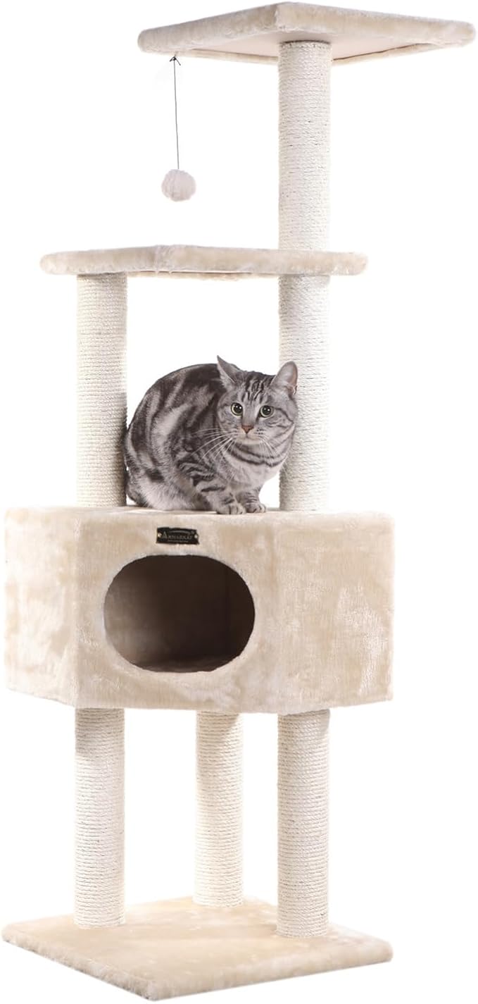 Cat Tree - Beige, 3-Level Condo -Faux Fur Cat Tower - Easy Assembly - Up to 20 lbs