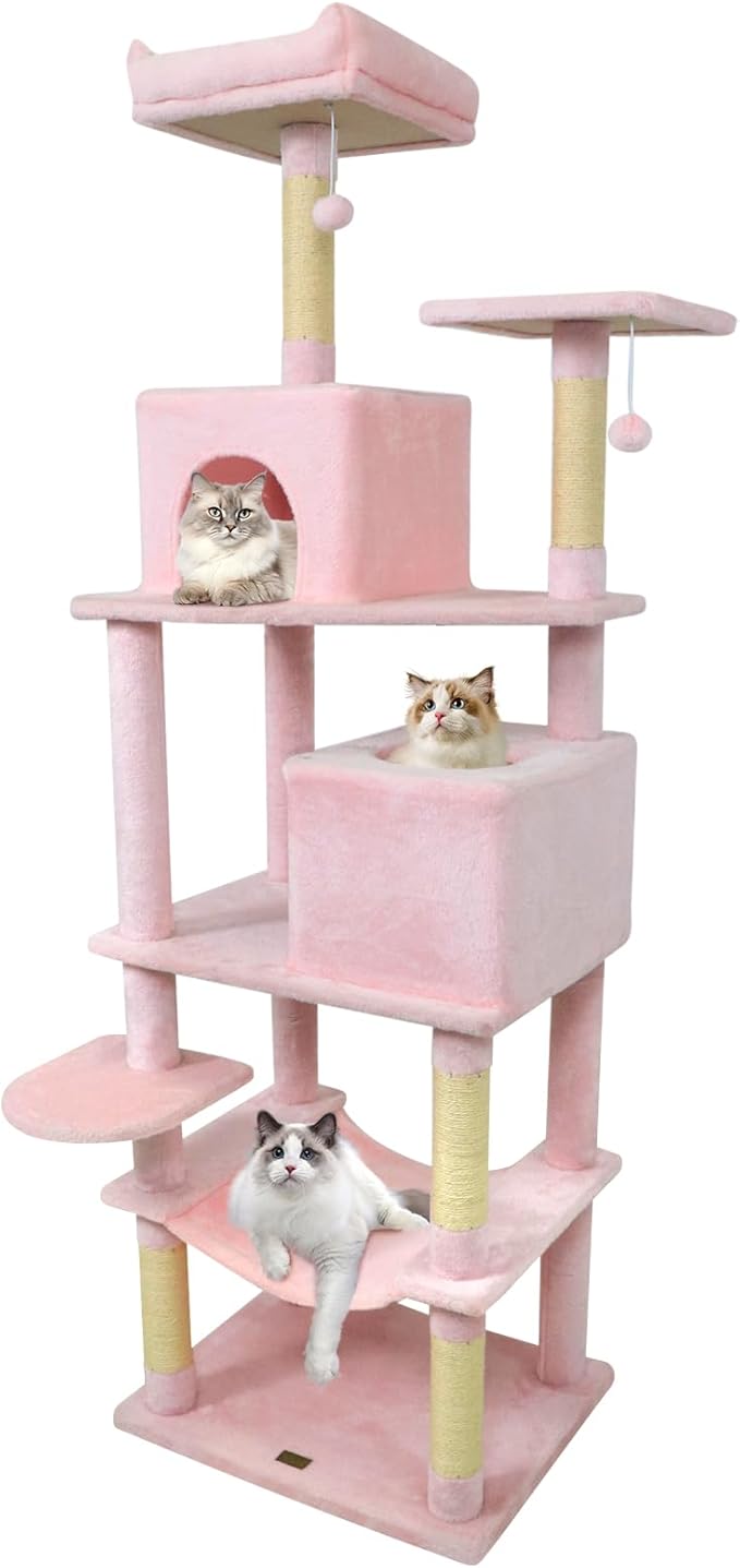 PETSITE Multi-Level Cat Tree, 75 Inches Tall with Sisal Scratching Posts, 2 Condos, Hammock, Dangling Balls, and Cozy Top Perch, Ideal for Indoor Cats to Play and Rest (Pink)