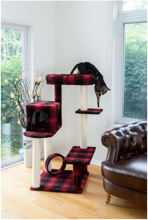 Maykoosh Cat Tree 50" - Plaid Cat Condo, Lounger, Perch & Scratching Post