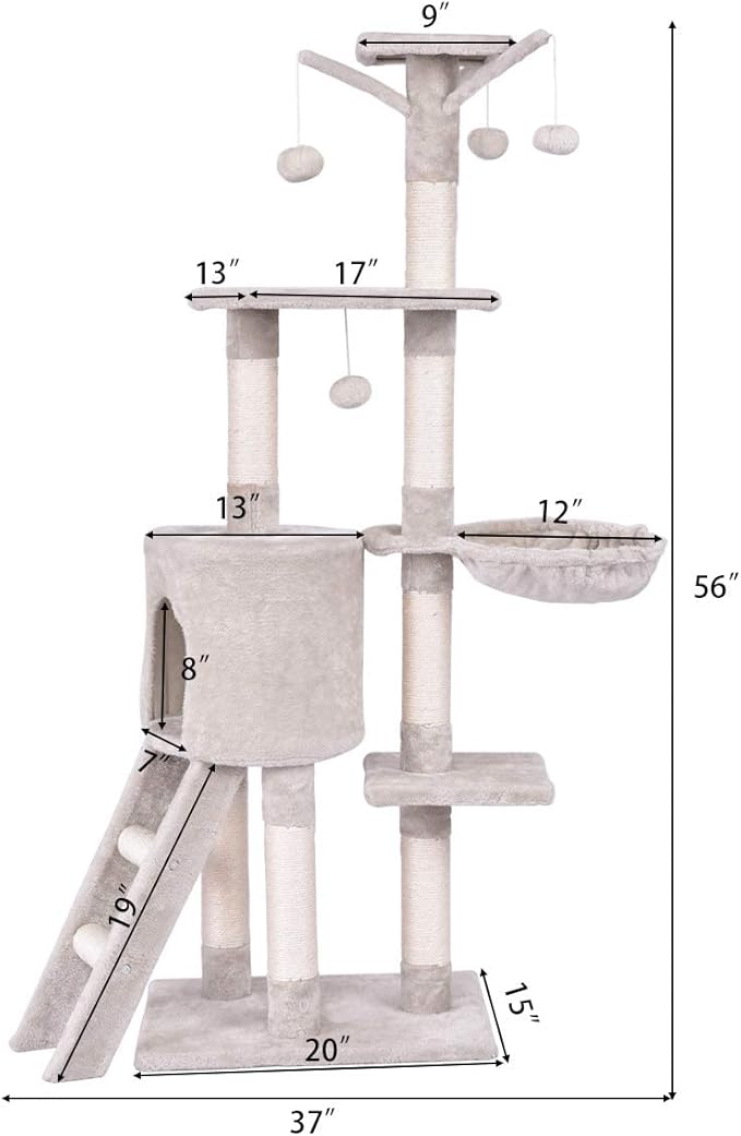 S AFSTAR 56 Inch Cat Tree Tower Condo, Multi-Level Cat Furniture Activity Center with Cat Scratching Posts, Climbing Ladder, Round House Cat Condo for Kittens Kitty Pet (Beige)