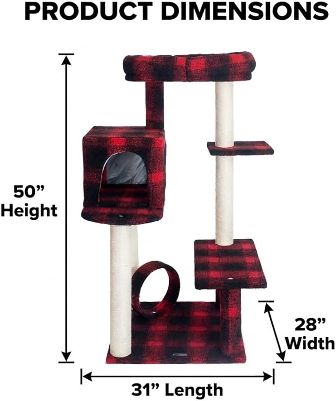 Multi-Level Cat Tree with Condo and Scratching Posts, Red Buffalo Plaid, 50 Inch Height, Sisal Rope Posts, Activity Center with Tunnel and Perches