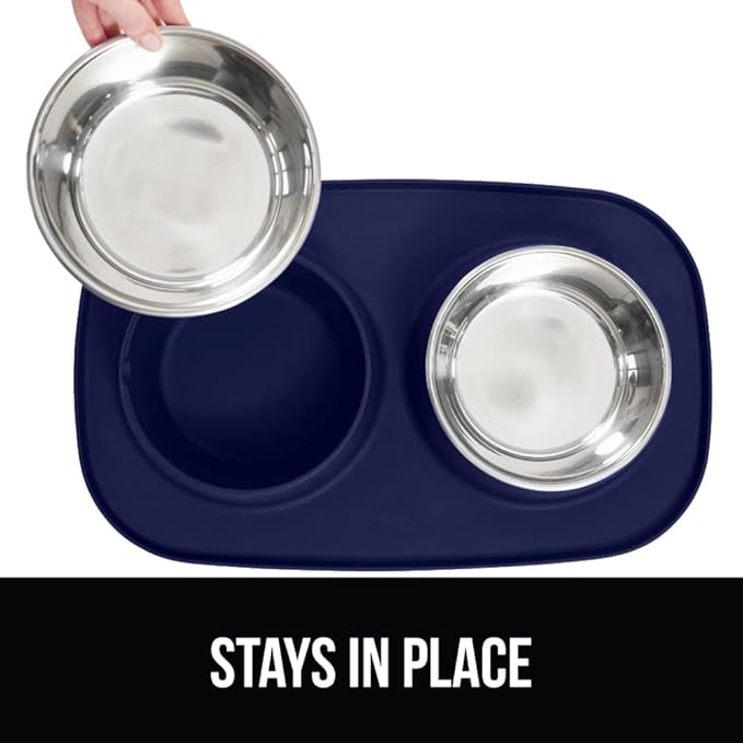 GORILLA GRIP Feeding Mat Bowl Set, 100% Waterproof BPA Free Silicone, 304 Stainless Steel Cat and Dog Bowls for Food and Water, Slip Resistant, High Edge, US Designed, Patent Pending, 2 Cup Navy Blue