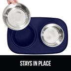 GORILLA GRIP Feeding Mat Bowl Set, 4 Cup 100% Waterproof BPA Free Silicone, 304 Stainless Steel Cat and Dog Bowls for Food and Water, Slip Resistant, High Edge, US Designed, Patent Pending, Navy Blue