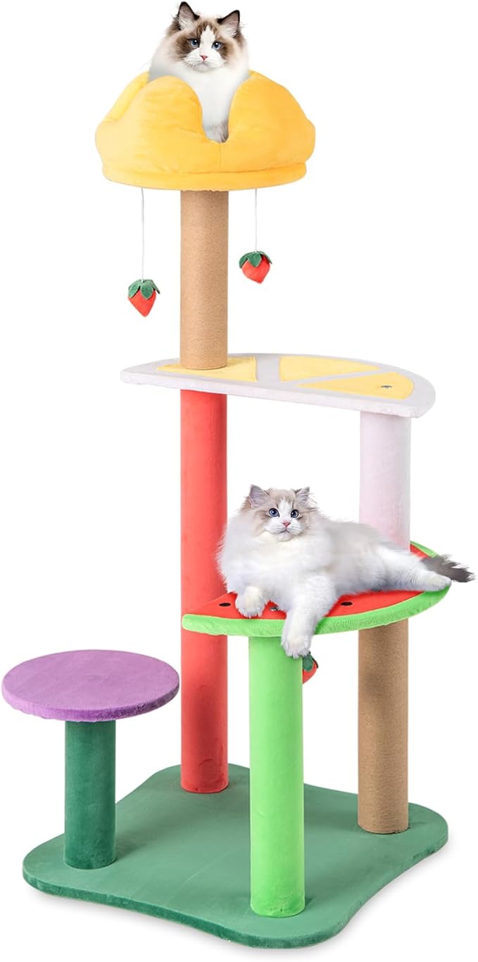 Tangkula Fruit Cat Tree, Multi-Level Cute Cat Tower with Scratching Posts, Padded Top Perch, Strawberry Dangling Balls, Watermelon & Lemon Shaped Platform, Chic Cat Tree for Indoor Cats