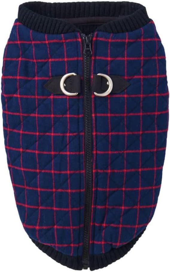 Gooby Fashion Vest Check Dog Jacket - Navy Check, Small - Warm Zip Up Bomber Vest with Dual D Ring Leash - Winter Water Resistant Small Dog Sweater