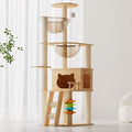 Stylish Cat Tree Tower with Scratching Posts, Cozy Hammock, and Elevated Perch for Indoor Cats – Modern Wooden Design (Natural+White + MDF-2)