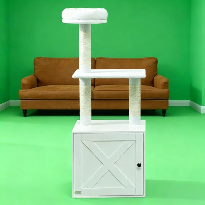 Premium Cat Tree Tower with Scratching Posts, Cozy Condos, and Hammock for Indoor Cats – Stylish Vertical Play Center (White + MDF + Polyester)