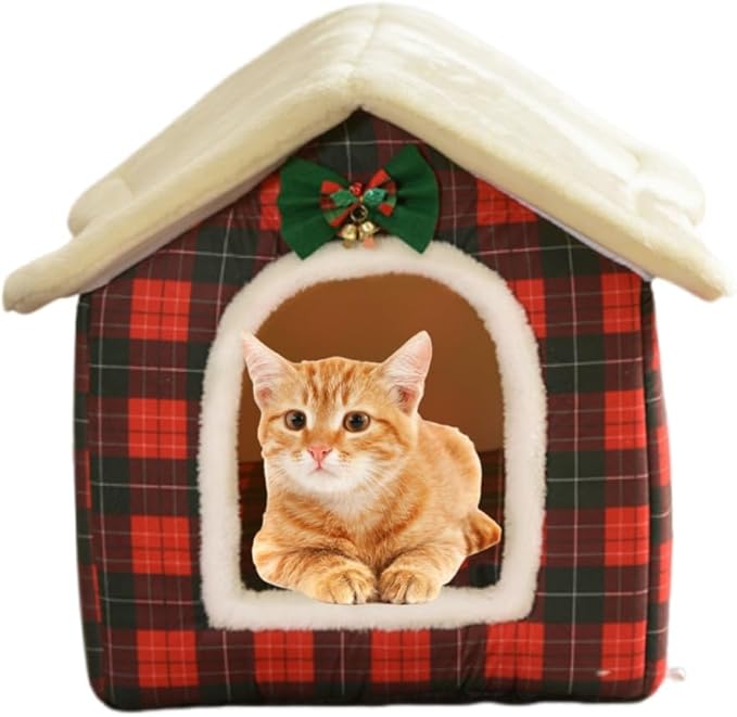 Cat Bed Cave, Cute Christmas Plaid Cat Beds for Indoor Cats, Pet House Cats Tent with Removable Cushion Pillow for Kittens Puppy Small Dogs (Plaid-L(20.4 * 16.9 * 19.6in))