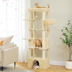 PEQULTI 68'' Cat Tree for Large Cats 20 lbs Heavy Duty, Tall Cat Tower for Indoor Big Cats with Extra-Large Top Perch [21'' x 17''], 2 Large Cat Condos, Cat Scratching Post and Cozy Hammock, Beige