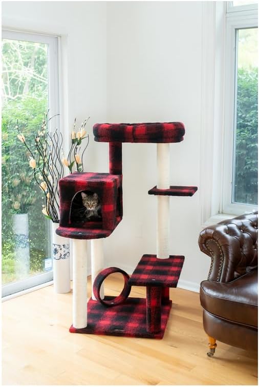 Maykoosh Cat Tree 50" - Plaid Cat Condo, Lounger, Perch & Scratching Post