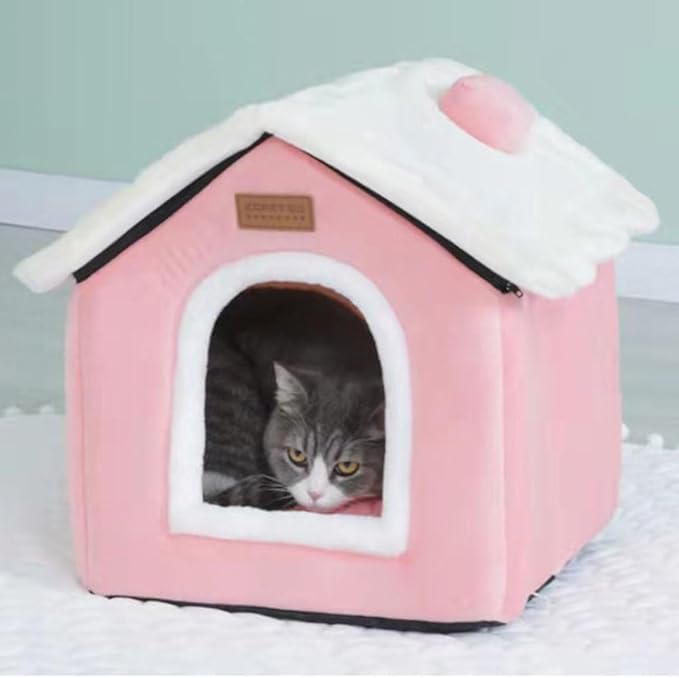 Christmas Cat Bed for Indoor Cats Plaid Xmas Cat Tent Cats Bed Cave for Pets Kittens and Dogs (Pink, S(15.7 X 12.6 X 13.8 Inch))