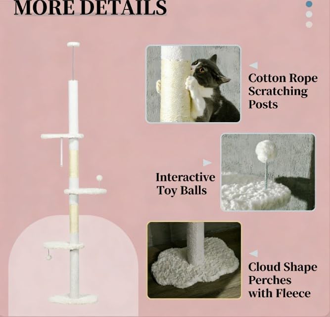 Floor-to-Ceiling Cat Tree, White, 19x12.5x100.5 Inches, All Breed Sizes, Climbing and Cuddling, Particle Board with Sisal, Floor Mount
