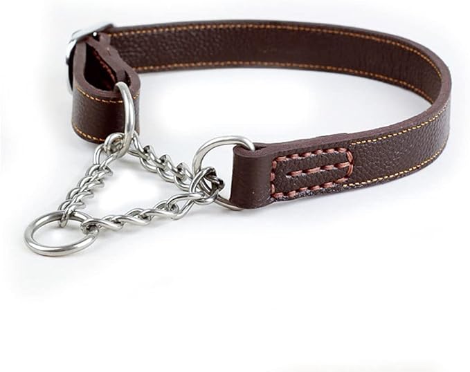 Love Dream Martingale Collars for Dogs, Genuine Leather Training Dog Collar, Stainless Steel Chain Anti-Escape No Pull Dog Collar for Medium Large Dogs (L(15.7"-20.9"), Brown)