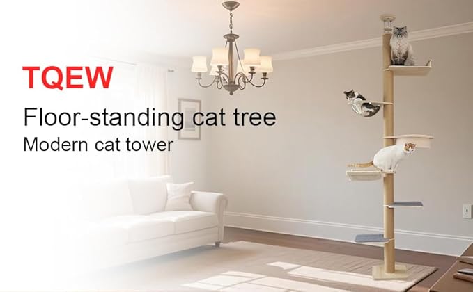 Floor-to-Ceiling Cat Tree Adjustable Height 50-122 Inches 9-Pillar 6-Tier Activity Center with Hammock SisalScratching Posts Plush Perches Multi-Level Climbing & Scratching Cat Furniture