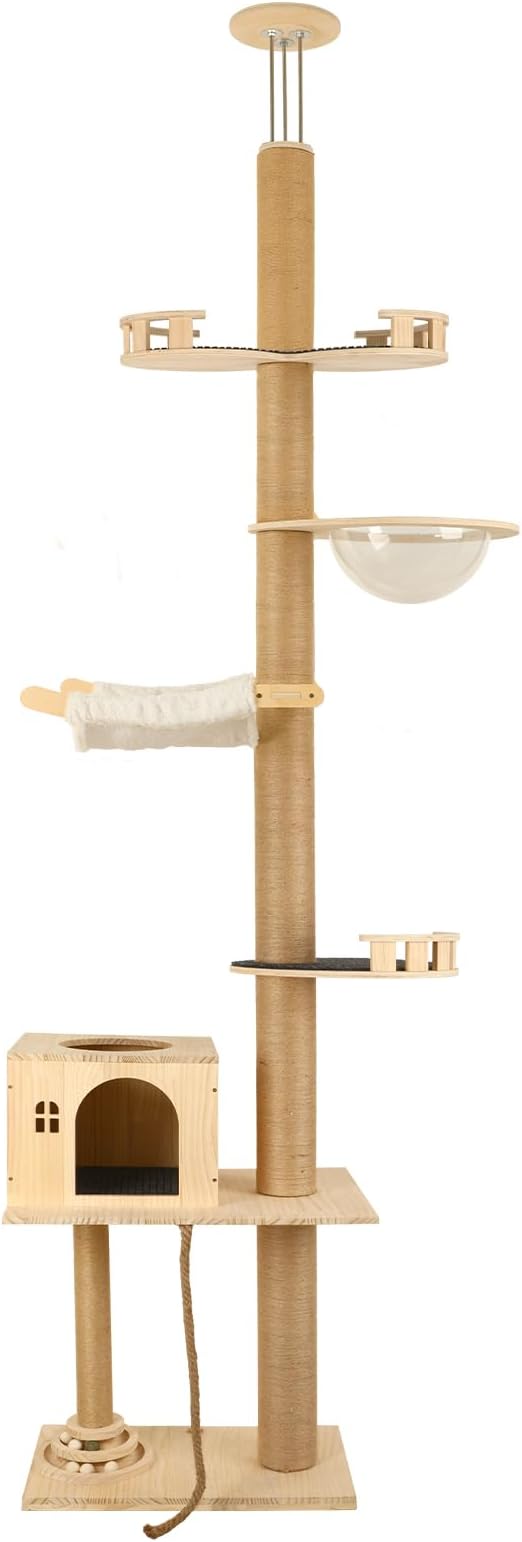 Cypherx Floor to Ceiling Cat Tree, 6 Tier Tall Cat Tower Adjustable Height (81-109 in), Modern Cat Tree Tower for Indoor Cats with Scratching Post, ransparent Capsule and Cozy Hammock, Wood
