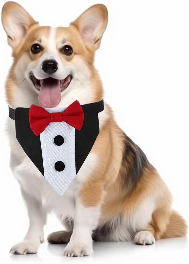 Dog Tuxedo Costumes, Dog Wedding Outfit Bandana with Bow Tie, Dogs Tux Suit Collars for Small Medium Large Pet Dogs, Red M