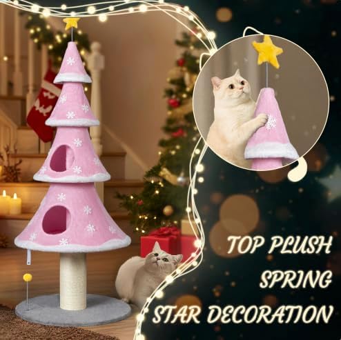 VINGLI 59in Large Christmas Tree Cat Tower for Indoor Cats, Pink Cat Tree with 2 Cat Condos & Scratching Post, Soft Fleece Multi-Level Cat Tower with Teaser Toy, Sturdy Wide Base & Built-in Openings