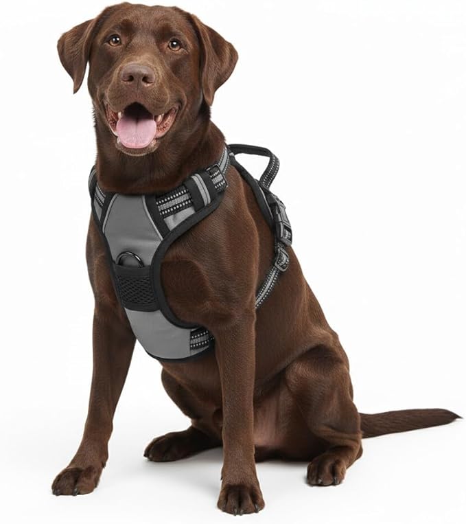 No Pull Dog Harness, Reflective Comfortable Vest Harness with Front & Back Easy Control Handle Adjustable Soft Padded Pet Vest for Small to Large Dogs(Gray,XL)