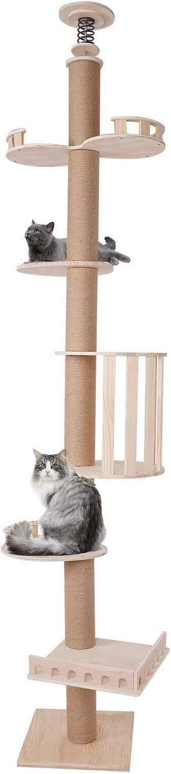 Cat Trees Tower for Indoor 5Tier Cats Scratching Post Adjustable Height Shelves Multifunctional Kitten Furniture Floor-to-Ceiling Wooden Climbing Sisal Rope Scratcher 100.4-104.3In Home Pet Shop