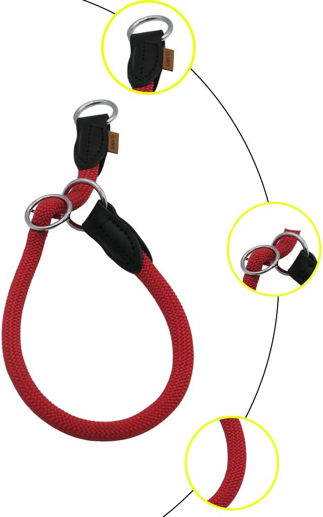 Braided Round Martingale Dog Collar, Training Collar with Slidable Stop Ring - Ideal for Small Medium Dogs (M- (1/3") - 18" Long, Red)
