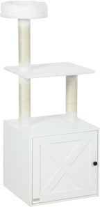 Elegant Multi-Tier Cat Tree with Privacy Litter Box, Premium Sisal Scratching Areas, Plush Bedding, Tiered Platforms - White
