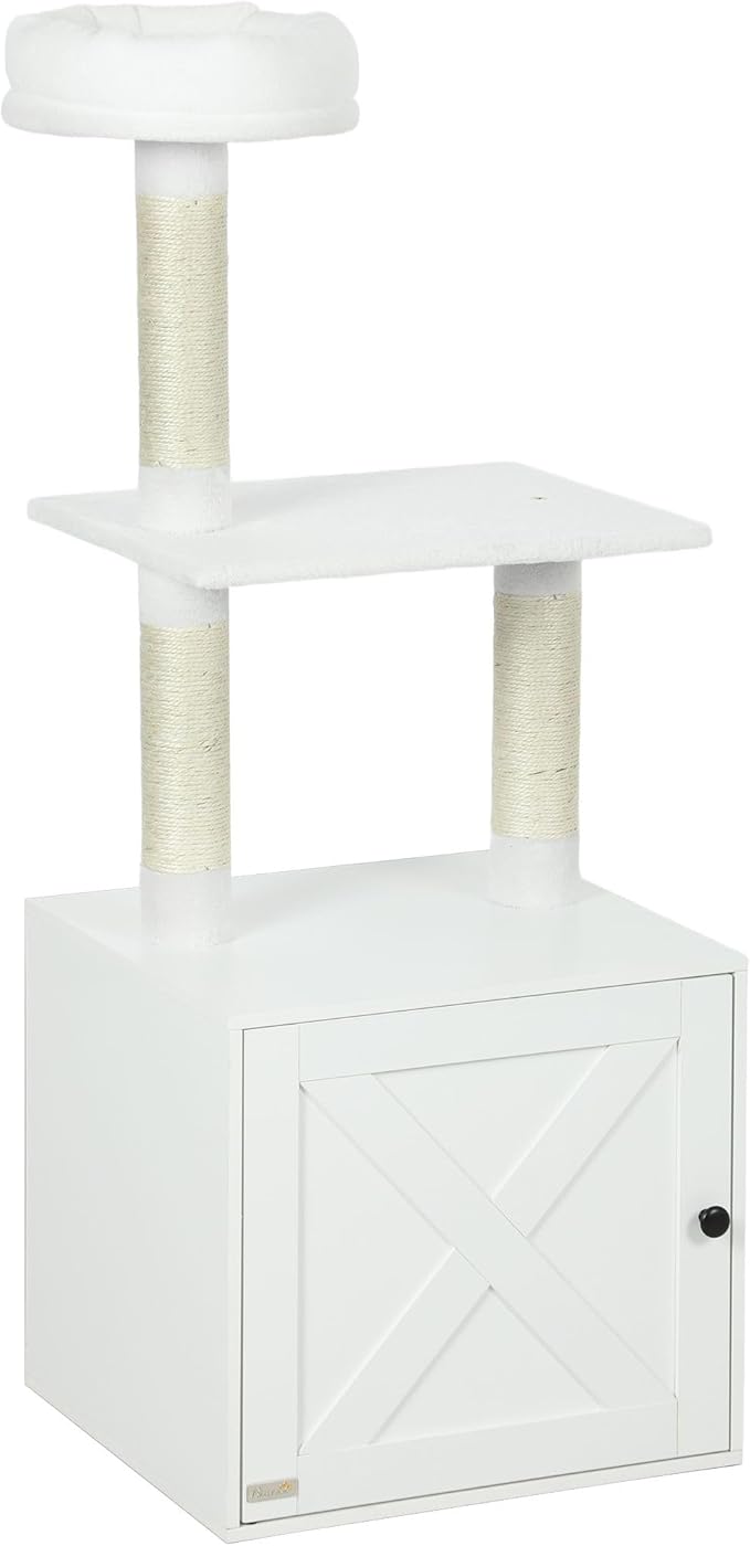 Elegant Multi-Tier Cat Tree with Privacy Litter Box, Premium Sisal Scratching Areas, Plush Bedding, Tiered Platforms - White