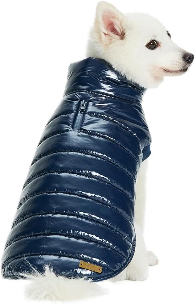 Blueberry Pet Cozy & Comfy Windproof Lightweight Quilted Fall Winter Glossy Dog Puffer Jacket in Navy Blue, Back Length 18.5", Size 18, Warm Coat for Large Dogs
