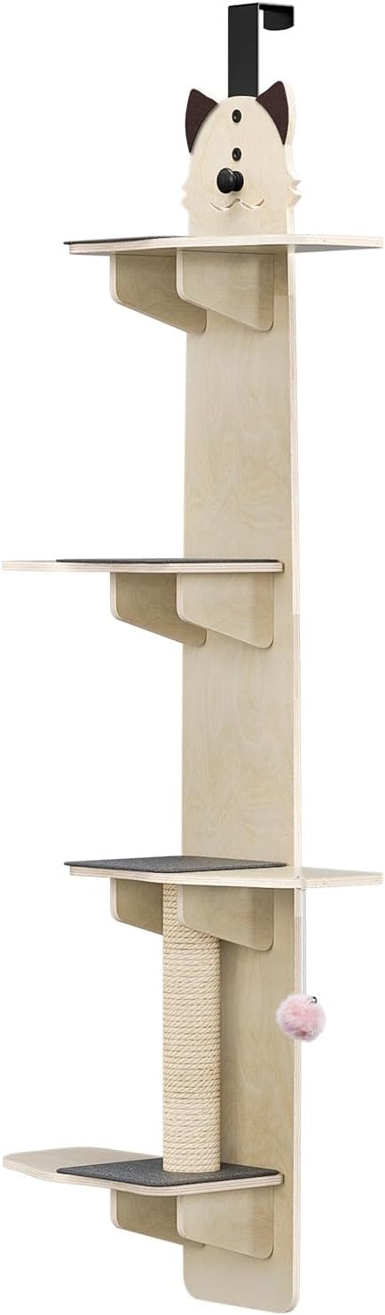 4-Tiers Door Hanging Cat Shelf, Vertical Cats Tree Over, Cat Tree Door Mounted Cats Climber with Scratching Post, Pads, Tease Cat Ball (170cm)