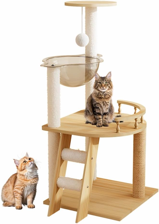 48.8 Inch Modern Cat Tower, Durable Wood Cat Tree with Sisal Scratching Posts, Top Perch & Acrylic Hammock, Wooden Natural White Design for Indoor Cats