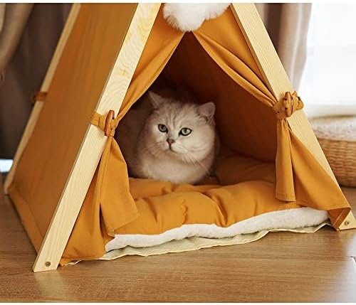 Solid Wood Cat Indoor Tent with Thick Mat,Portable Dog House Dog Teepee Tent,Cute Cat Teepee Cave Cat Bed,Dog Bed (Orange)