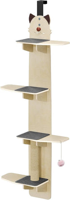 4-Levels Door Hanging Cat Climber,Vertical Door-Mounted Cats Tree Tower with Scratching Post,Pads,Tease Cat Ball,Over Door Cats Climber Beige