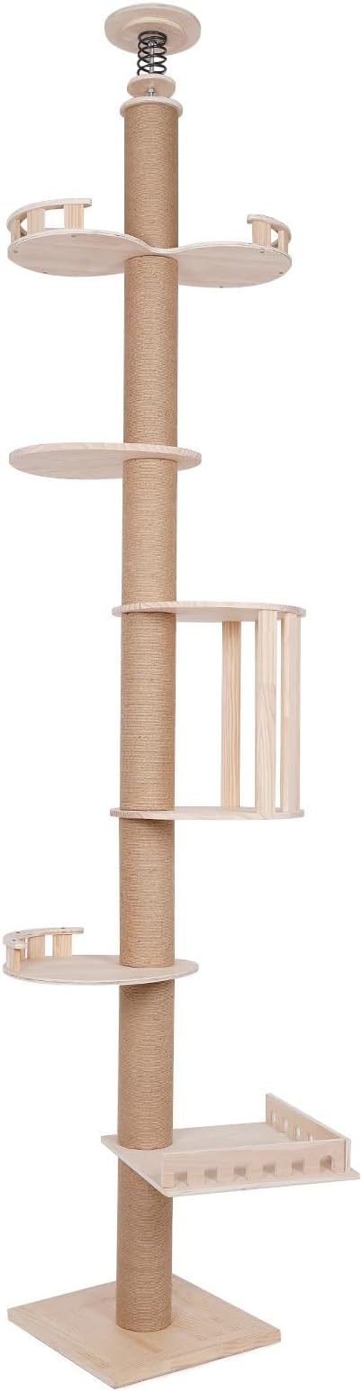 5 Tier Cat Climbing Tower, 100.4-104.3" Tall Wood Cat Tower Tree Wall W/Sisal Scratching Climbing Posts,Wood Color Tree Branch for Kittens Cats Climb, Scratch, Lookout and Play.
