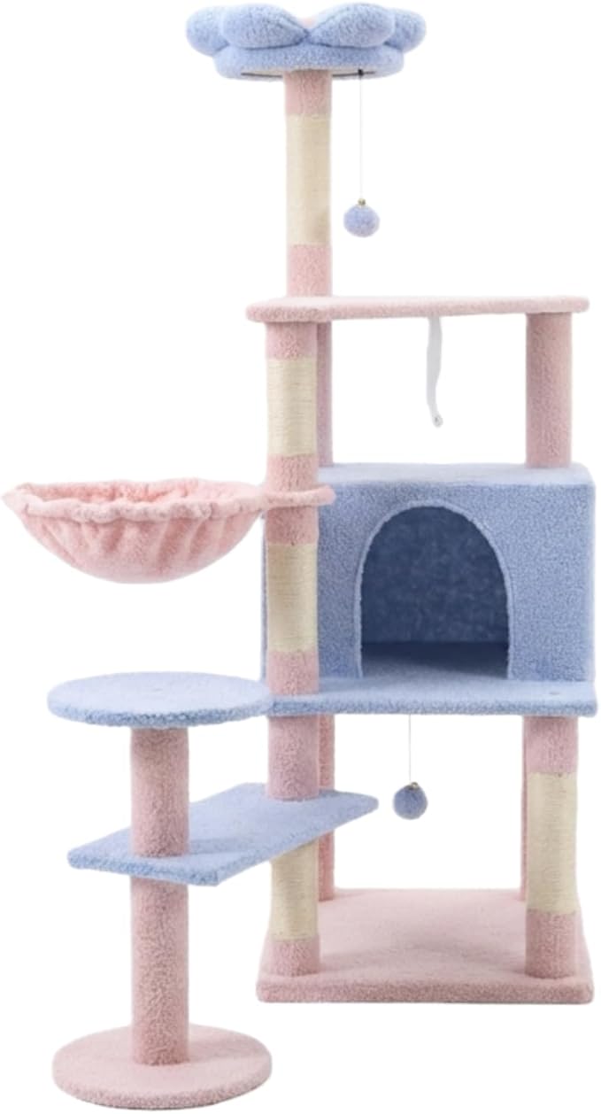 Flower cat Tree with Large condo Removable Flower Cushion and Hammock Blue