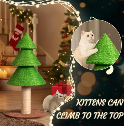 VINGLI 31.5in Christmas Tree Cat Scratcher, Grass Green Cat Scratching Post for Indoor Cats, Large Sisal Cat Scratching Tree Tower with Soft Fleece Base, Stable Cat Tree for Kittens & Adult Cats