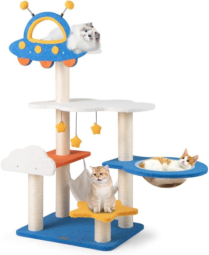 49" Space-Themed Cat Tree Tower – UFO Perch, Transparent Capsule, Hammock & Sisal Scratching Posts – 7-Level Modern Cat Condo for Indoor Cats
