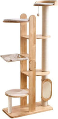 SHENGOCASE 72-Inch Modern Cat Tree Tower Condo for Large Cat, Natural Rubber Wood, Multi-Level Ladder with Hammock, Sisal Scratching Post, Large Perch Platform