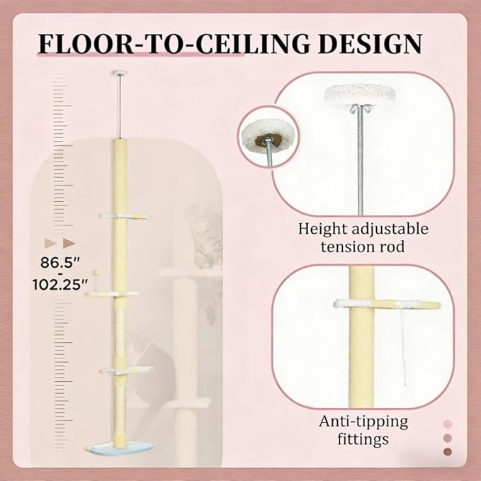 Floor-to-Ceiling Cat Tree, 4-Tier, 18.5x13.5x102.3 Inches, All Breed Sizes, Climbing and Cuddling, Fabric and Particle Board, Floor Mount